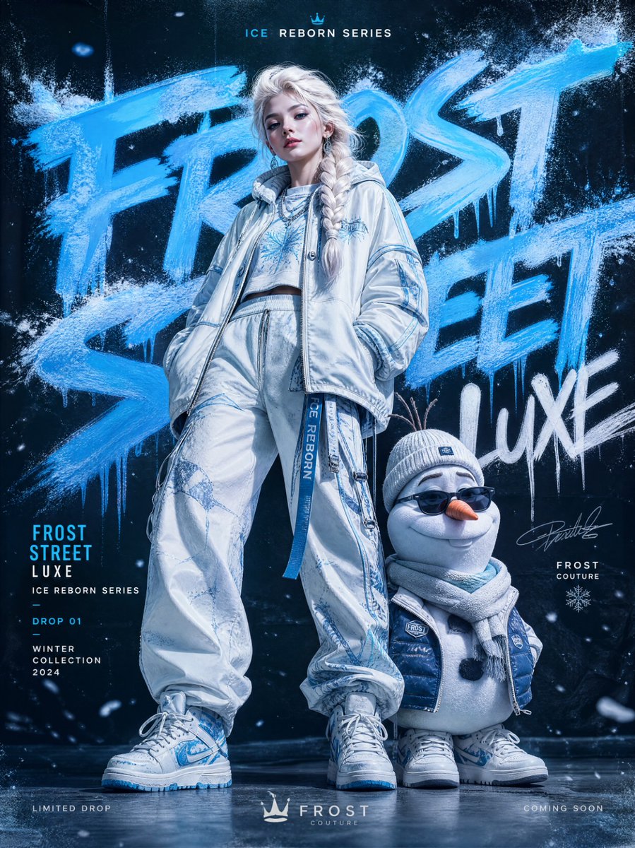 Elsa and Olaf model icy streetwear in a luxury campaign