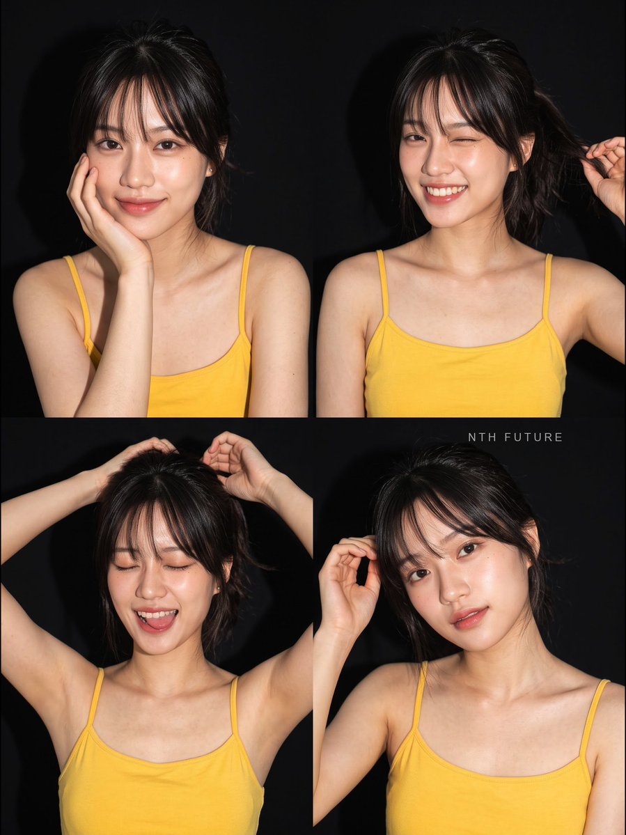 Four playful expressions shine in yellow camisole photo grid