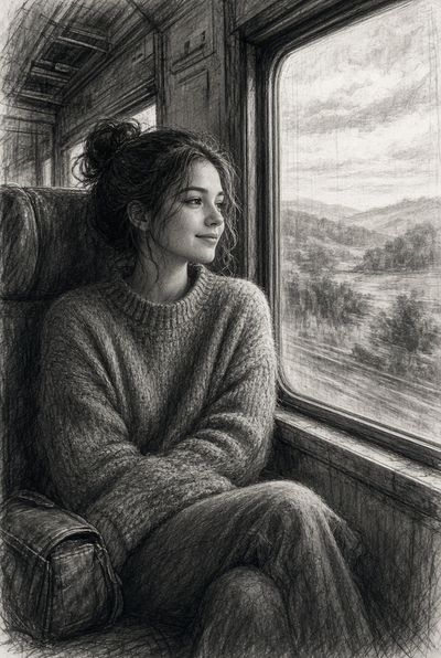 Charcoal Sketch of a Woman Gazing Out a Vintage Train Window