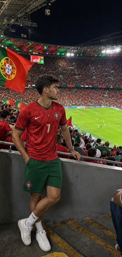 A proud Portugal fan watches the match from high stands