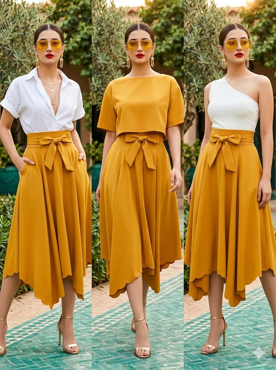 Chic Versatility: The Mustard Midi Skirt in Stylish Variations