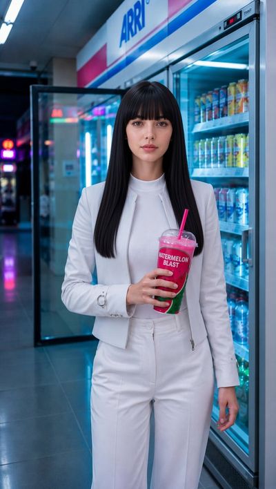 Korean woman in white holds pink drink amid neon store lights