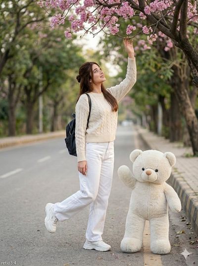 Woman in striped sweater reaches for blossoms beside teddy bear