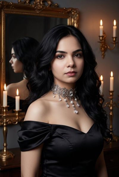 Pale Woman Gazes Into Antique Mirror Amid Candlelit Victorian Shadows