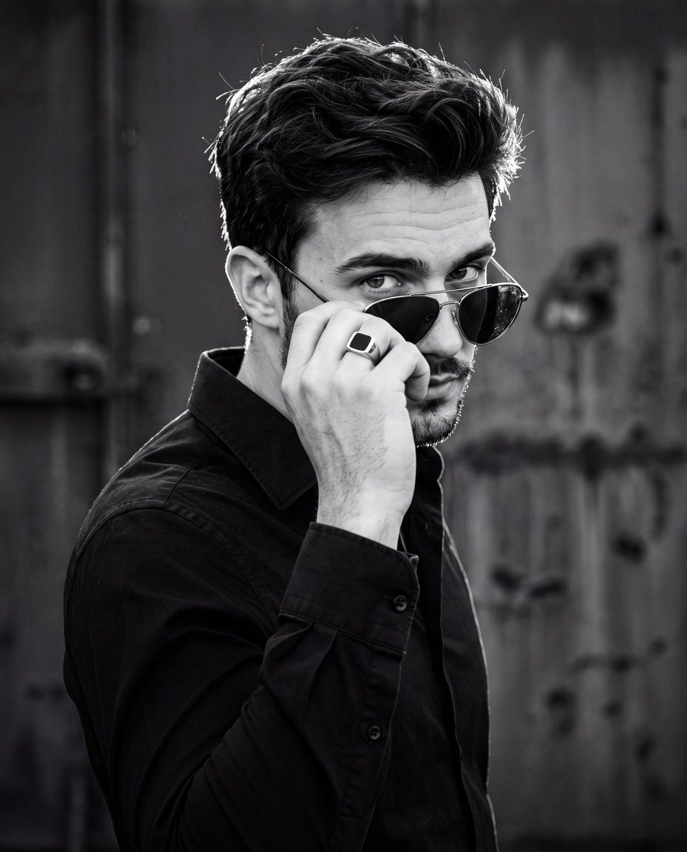A confident man grips his aviator sunglasses in dramatic monochrome