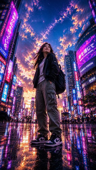 Young woman gazes at neon-lit sky after rain in city