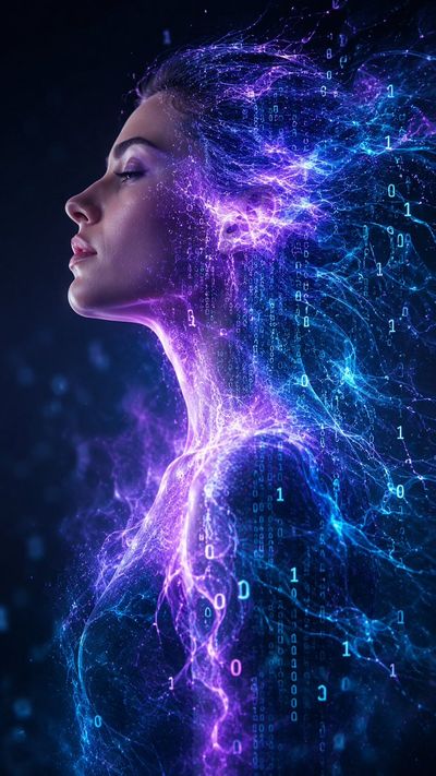 A woman dissolves into luminous purple and cyan data streams.