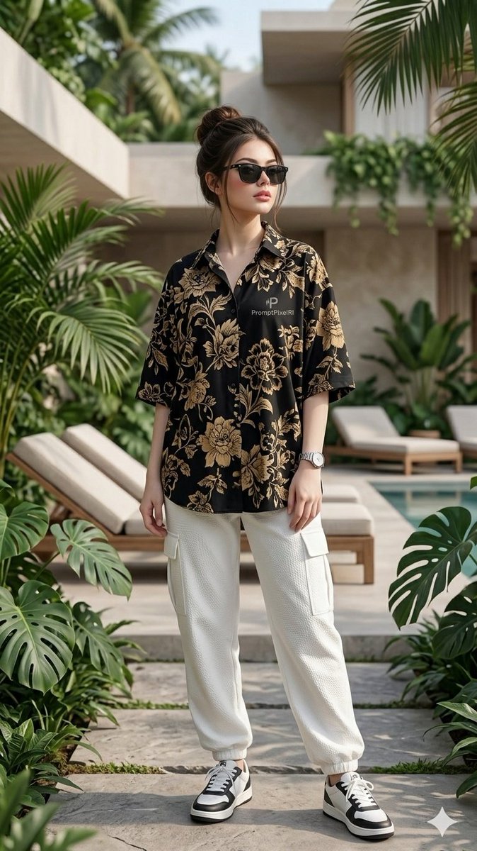 Character in floral shirt poses confidently amid lush resort foliage.
