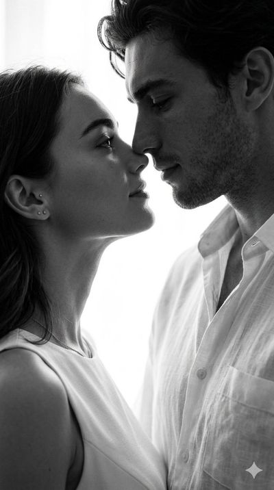 Intimate black and white portrait of a couple sharing a tender moment