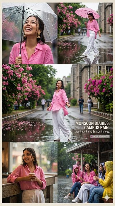 Young woman in pink shirt enjoys rain on campus road with flowers