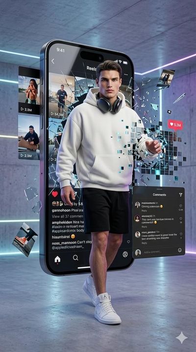 Man Emerging from 3D Instagram Reels in Ultra-Realistic Portrait