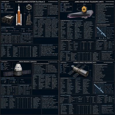 A 2x2 grid of four complex space machines with technical annotations