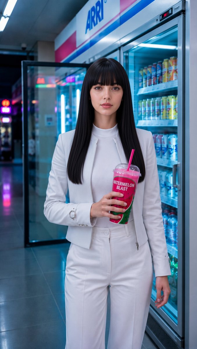 Korean woman in white holds pink drink amid neon store lights