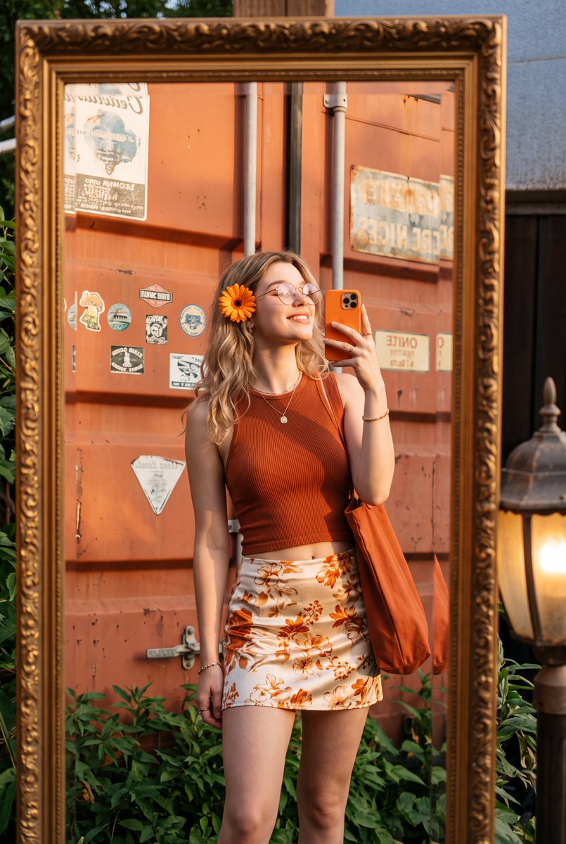 Warm sunlight highlights a woman's orange-themed mirror selfie