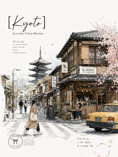Yellow taxis and bicycles line a calm Kyoto street at morning