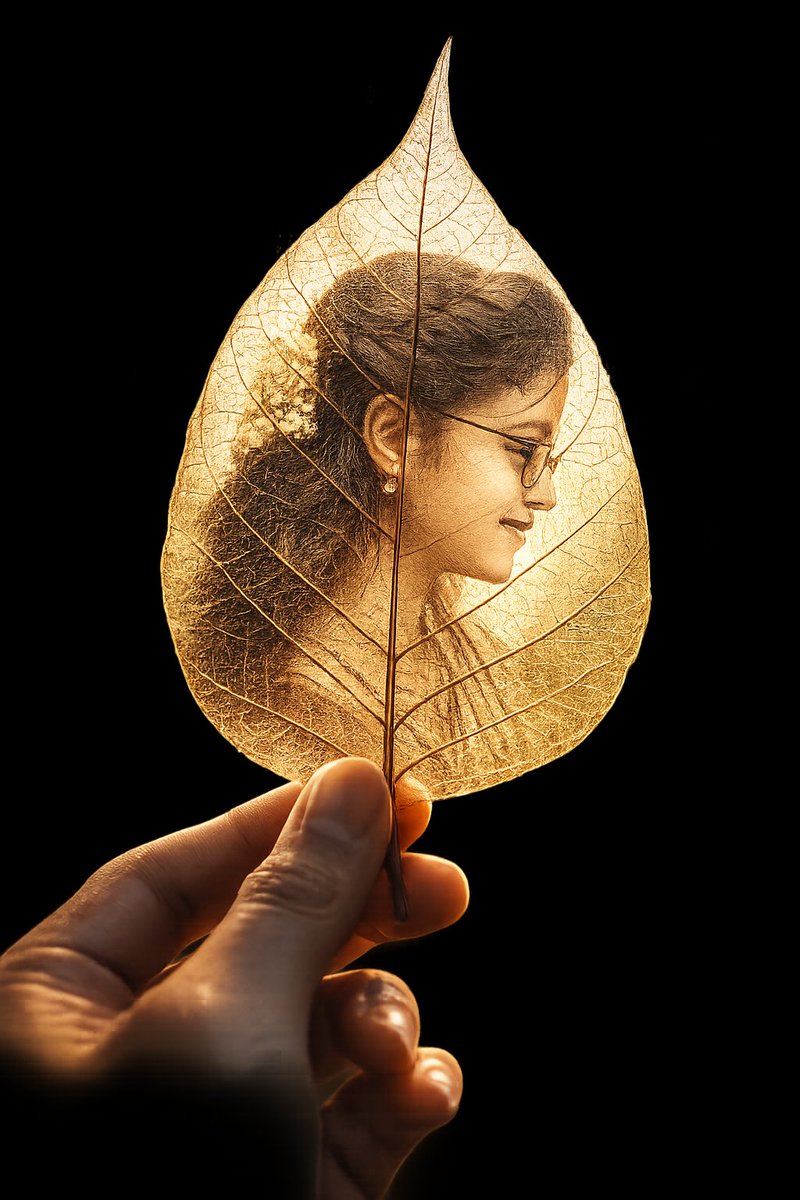 A transparent leaf reveals a pencil portrait under a bright sky