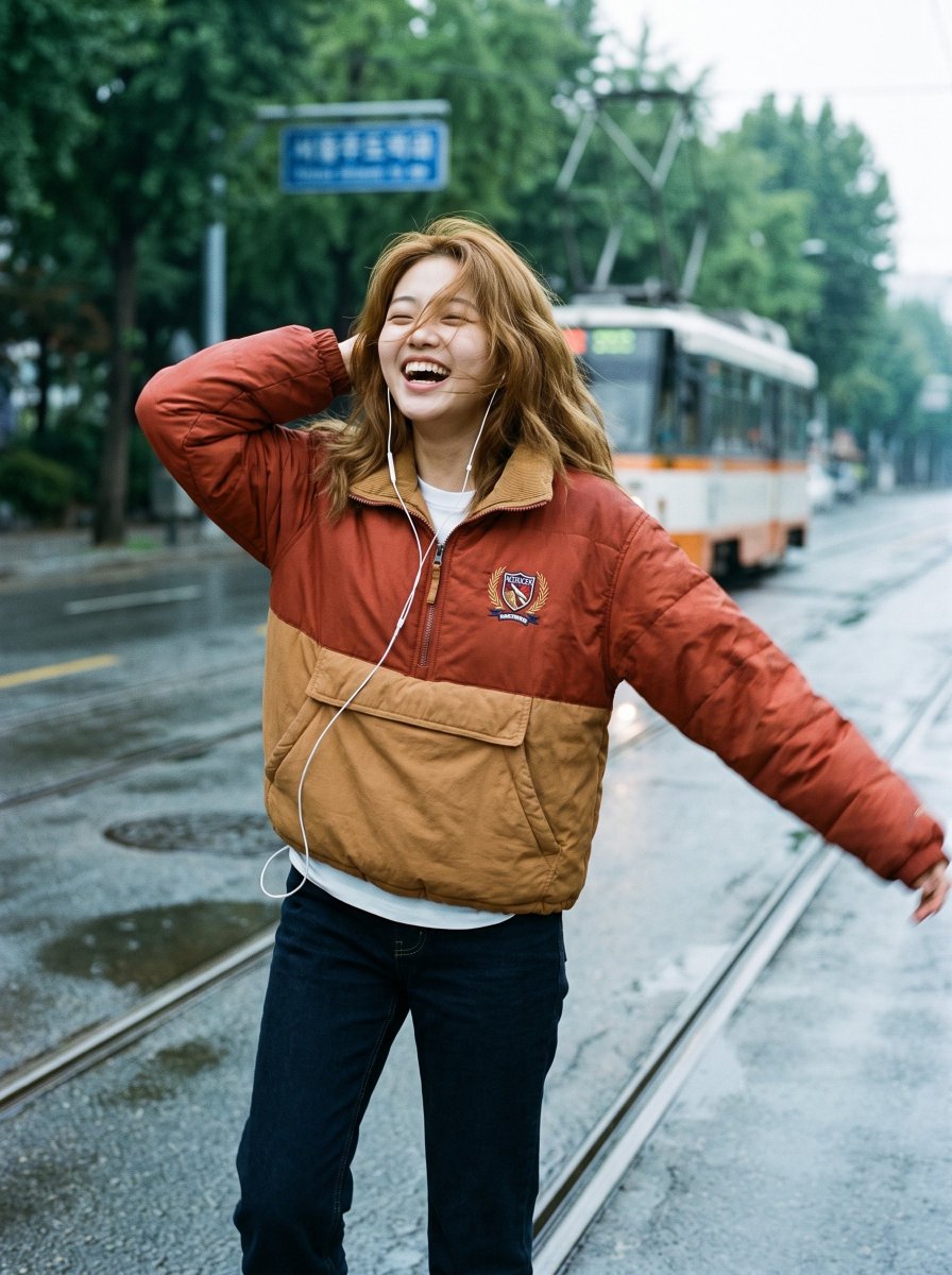 Joyful girl laughs mid-step on rainy street with vintage jacket