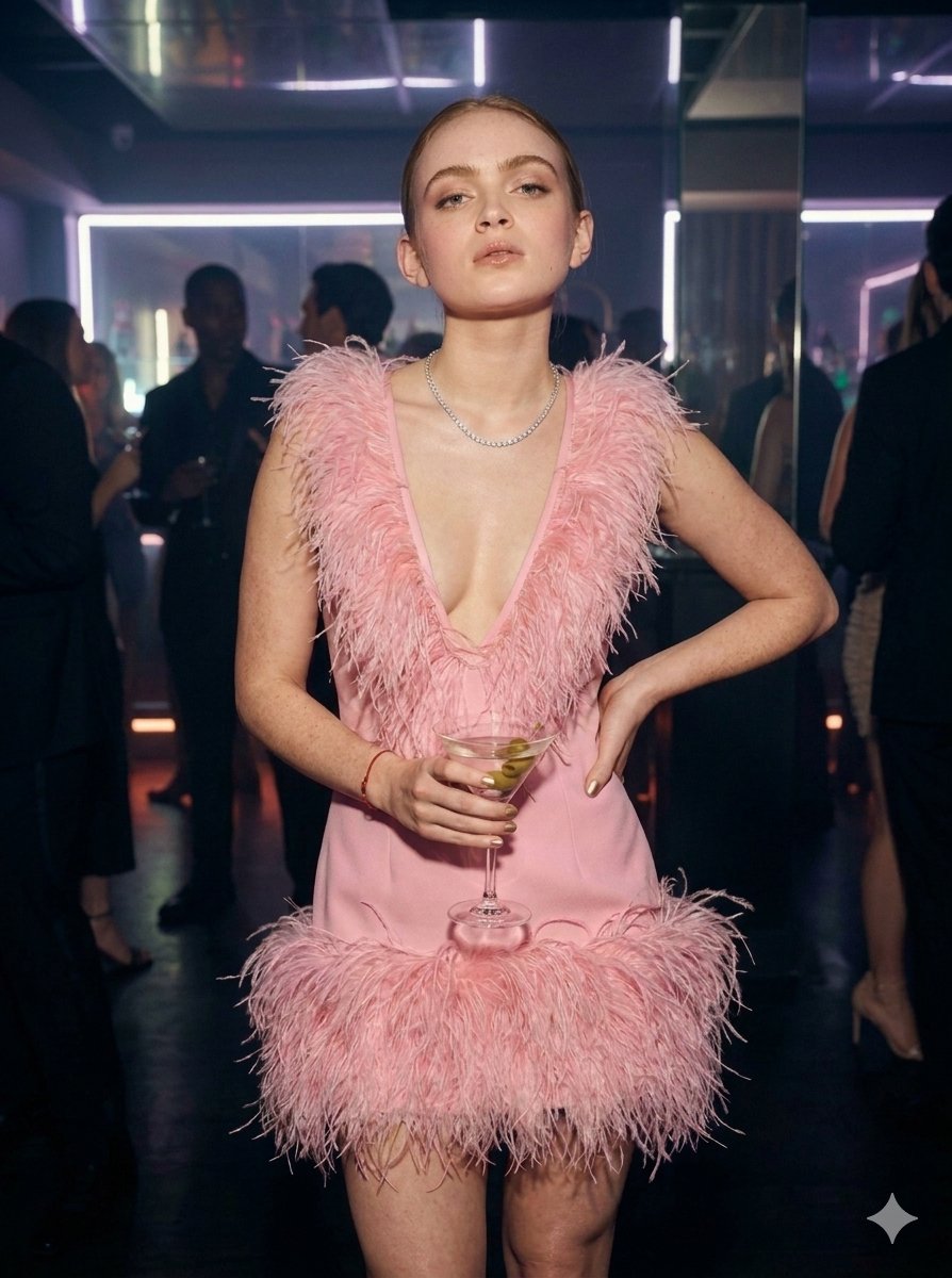 Elegant woman in pink feather dress holds martini in neon lounge