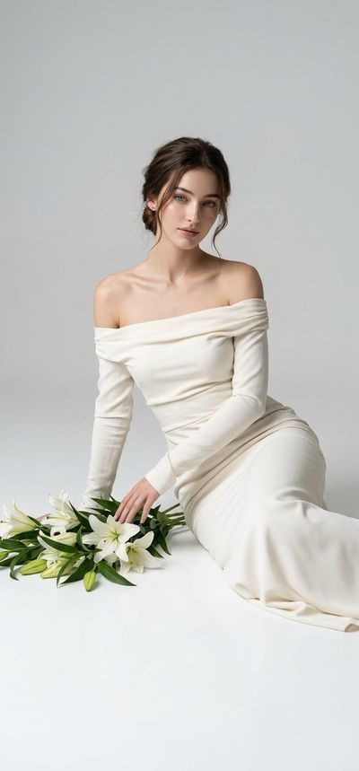 Elegant Bride in Ivory Gown Seated Gracefully on White Studio Floor