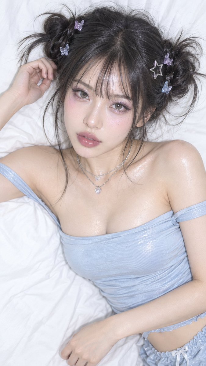 Y2K beauty portrait with space buns and icy blue top