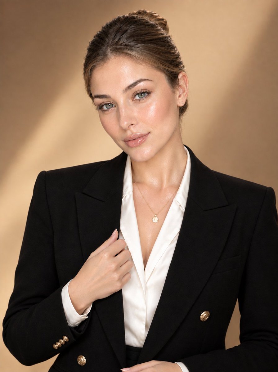Elegant Woman in Black Blazer Poses for Luxury Portrait