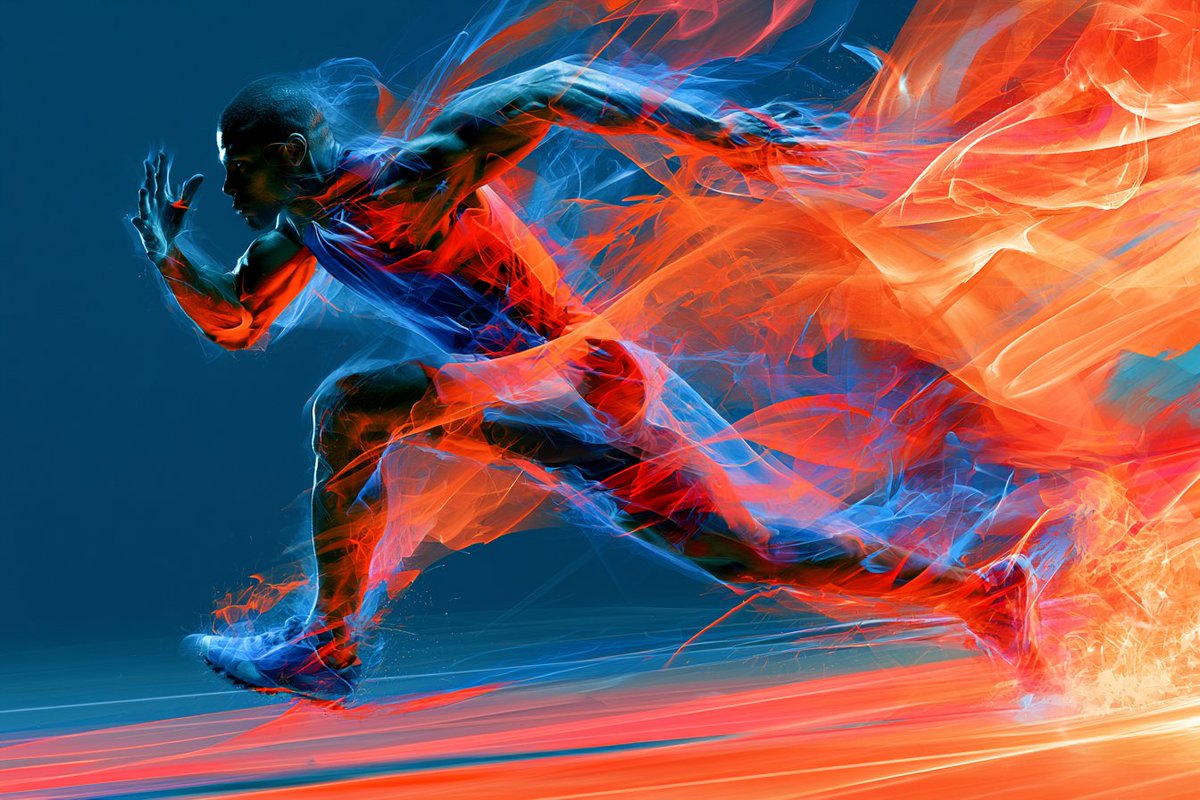 A dancer leaps within a radiant energy field of electric blue and magenta