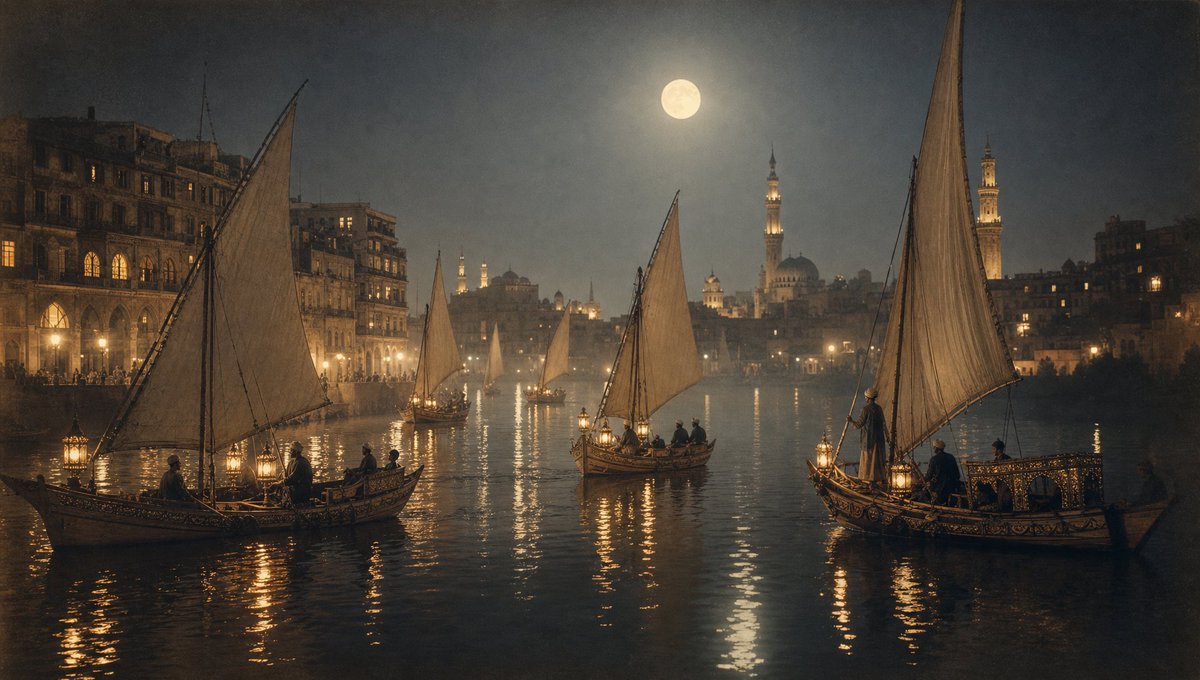 Moonlit feluccas drift across the Nile in Cairo, 1930