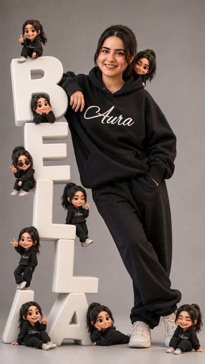 A stylish person leans casually on giant 3D letters spelling BELLA