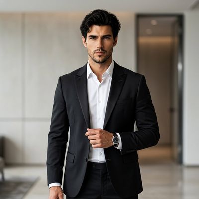 Confident man in tailored black blazer stands in luxurious interior