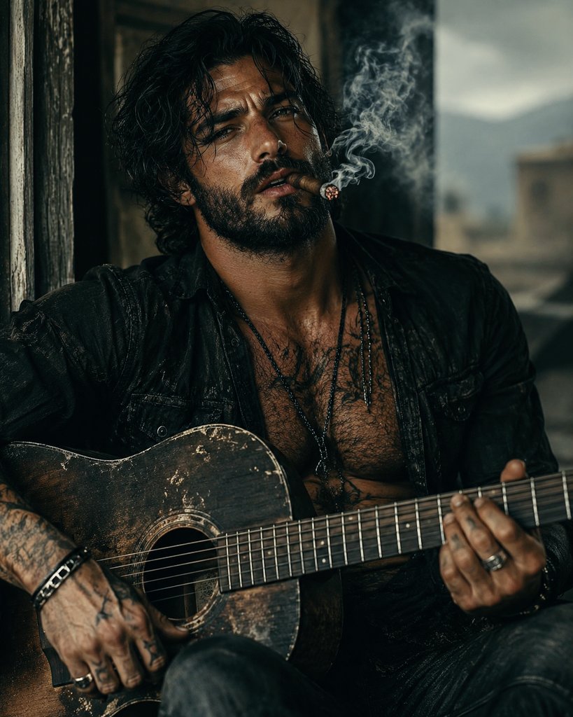 A rugged guitarist smokes by a flickering neon motel sign