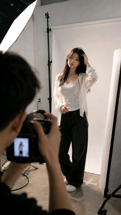Fashion photographer adjusts softbox while model poses on set