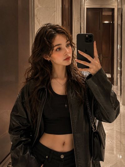A Korean influencer poses in luxury hotel mirror selfie