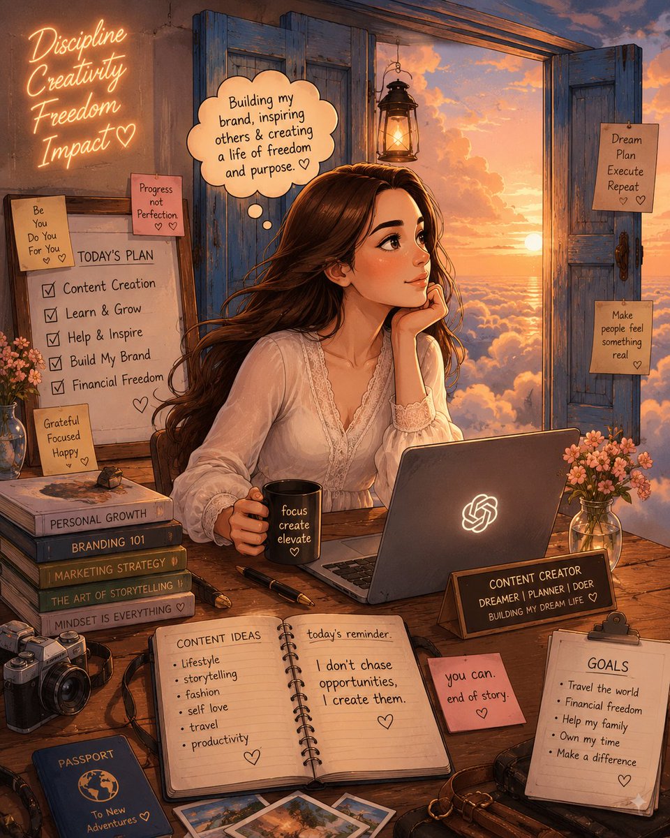 Young woman dreaming at desk under golden sunset through window