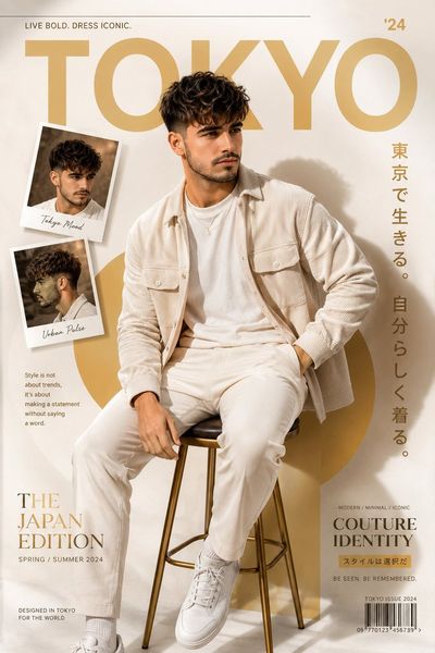 A fashion editorial poster with a seated model in golden light