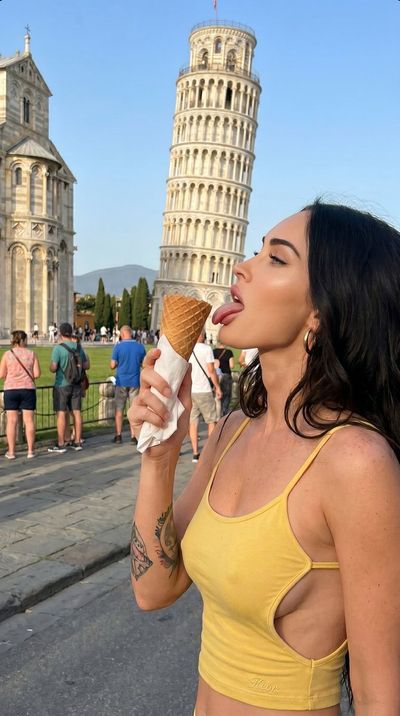 A woman licks an ice cream cone near the Leaning Tower of Pisa