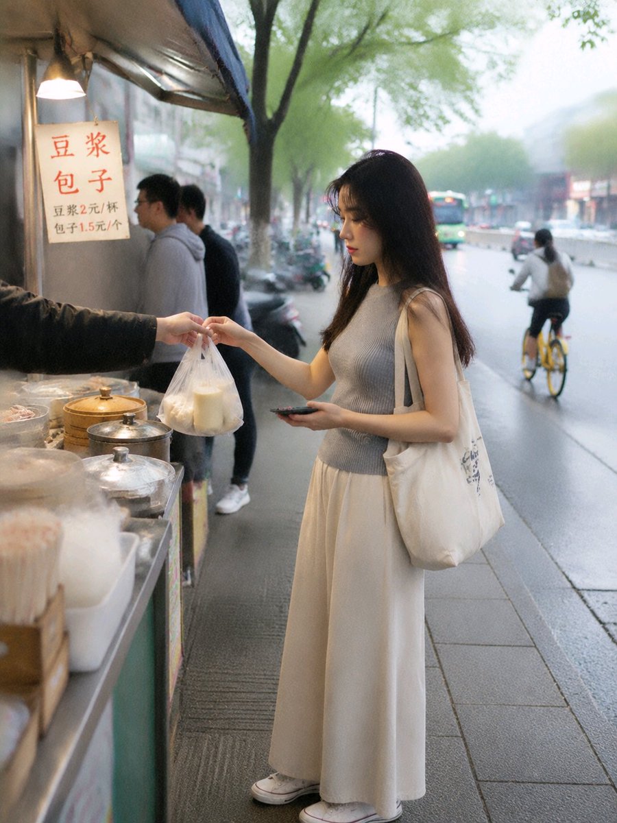 Tired woman buys breakfast at a street stall in morning light