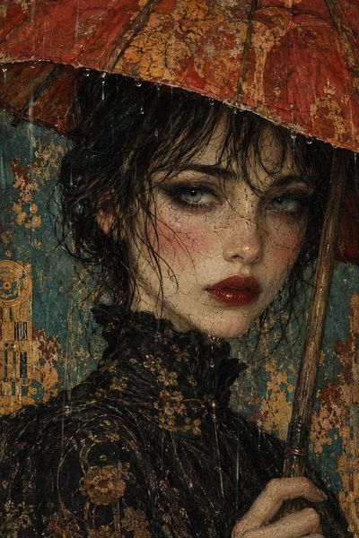 Rain-soaked woman holds red parasol in vintage portrait painting