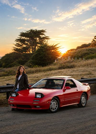 Golden sunset illuminates a woman and a red Mazda RX-7 FC.