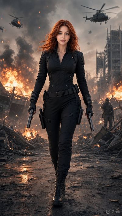 Copper-haired warrior strides through burning battlefield with guns drawn
