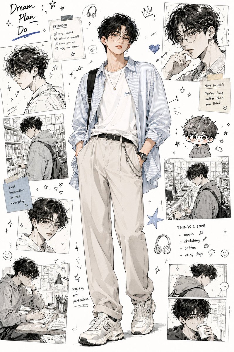 A stylish Korean boy with round glasses poses among sketches