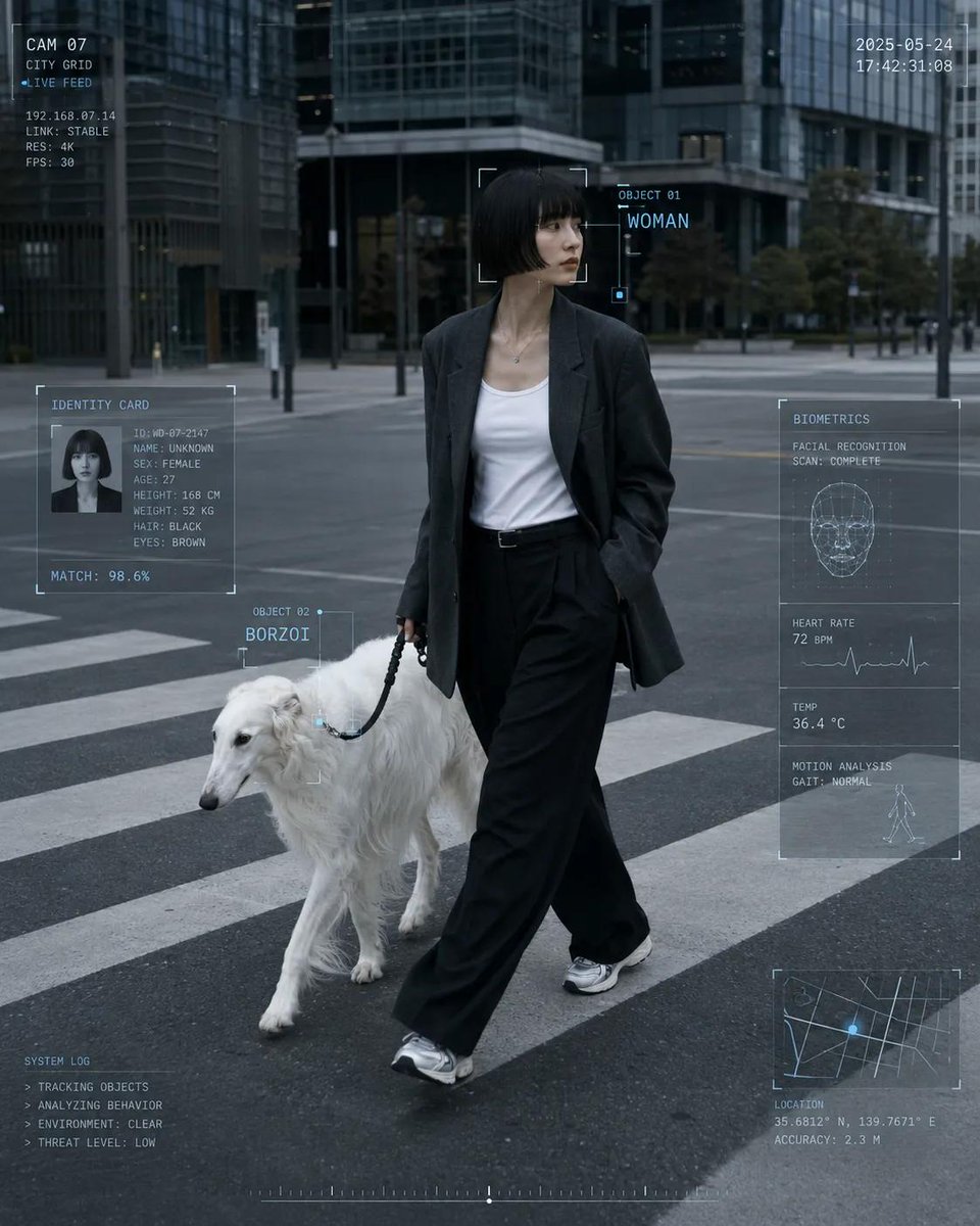A woman in a trench coat walks through a rainy street with a wolf.