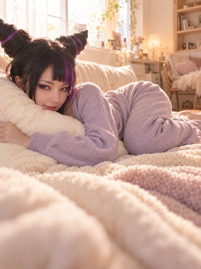 Soft morning light bathes a figure relaxing on a cream blanket