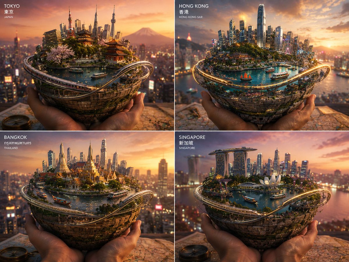 Human hands cradle four Asian city planets in golden light