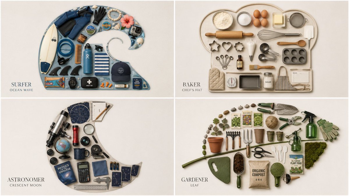 A surfer's knolling flat-lay forms a wave silhouette with beach gear