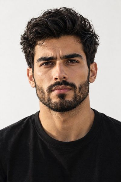 Young man with wavy black hair gazes calmly at camera