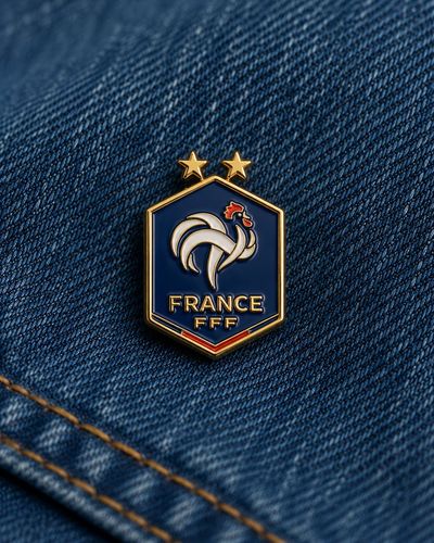 Vintage football logo enamel pin shines on faded denim