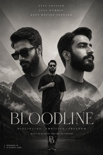 Monochrome fashion poster blends three portraits with misty mountains