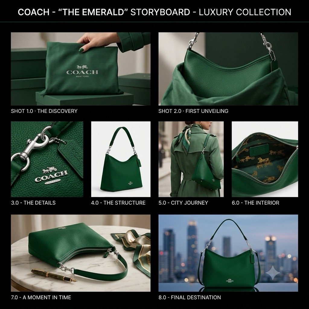 Emerald green Coach bag shines in a cinematic storyboard presentation.