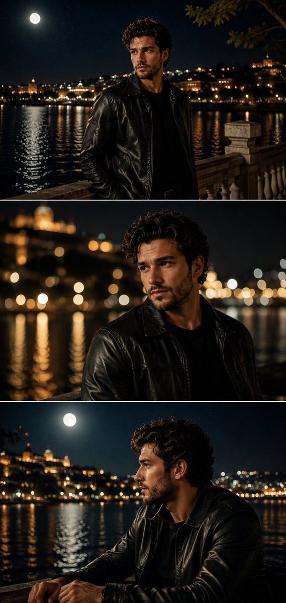 A handsome Mediterranean man gazes over a moonlit coastal city.