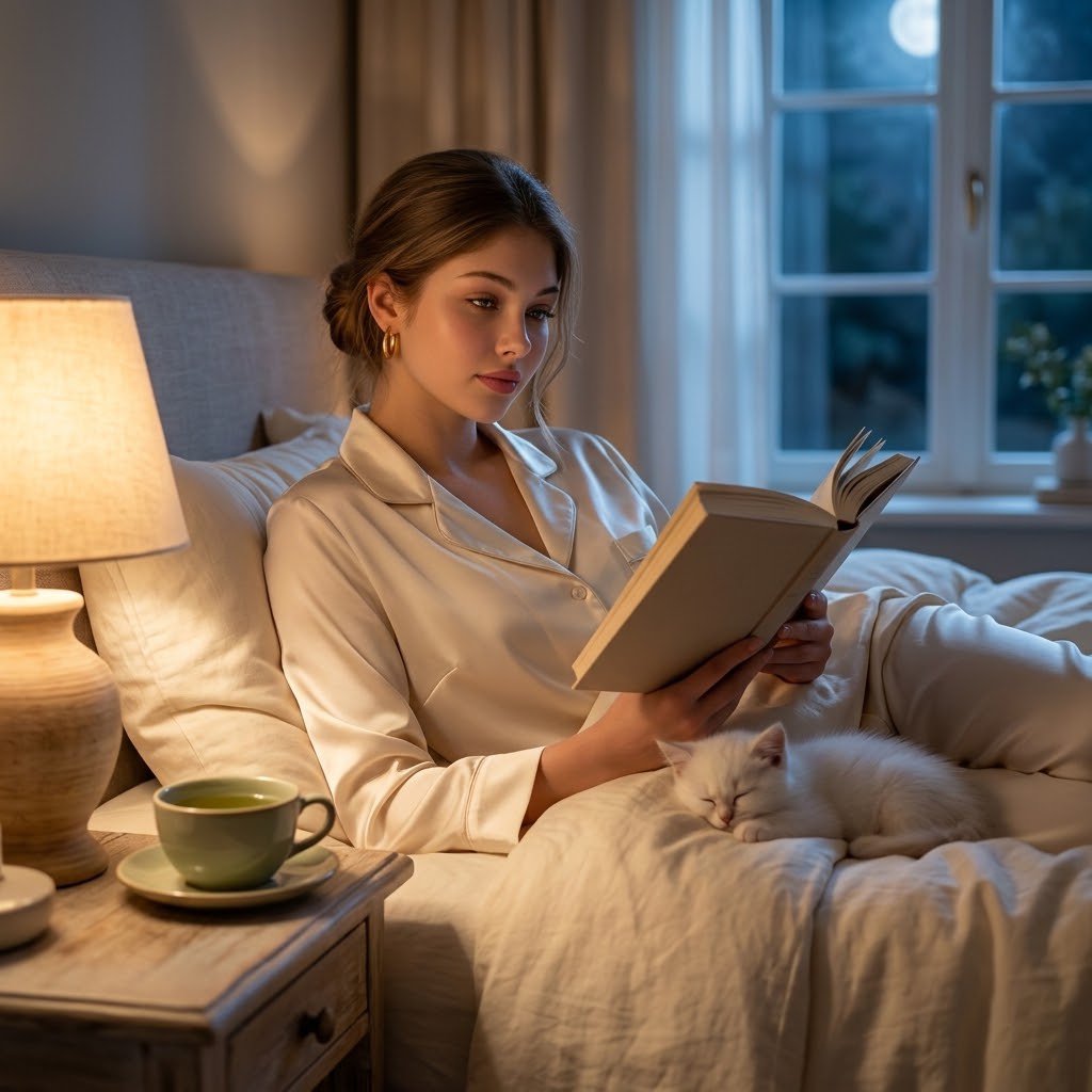Woman in satin pajamas reads by warm lamp and cool moonlight